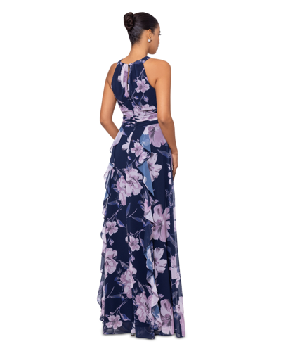 Shop Xscape Women's Floral Chiffon Halter-neck Gown In Navy,mauve