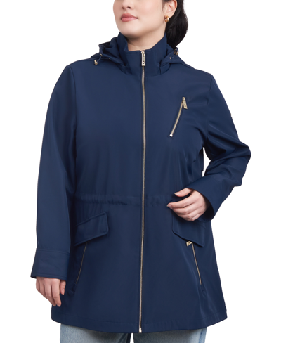 Shop Michael Kors Michael  Women's Plus Size Hooded Water-resistant Anorak Coat In Midnight