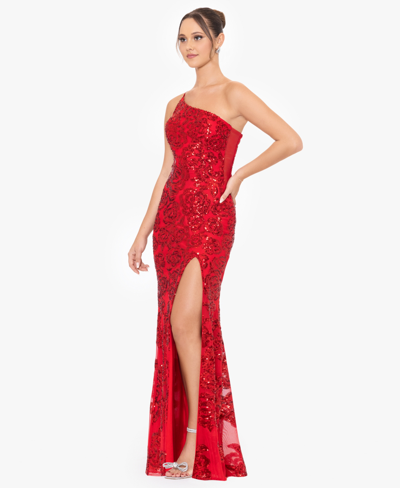 Shop Blondie Nites Juniors' Floral-sequined One-shoulder Gown In Red