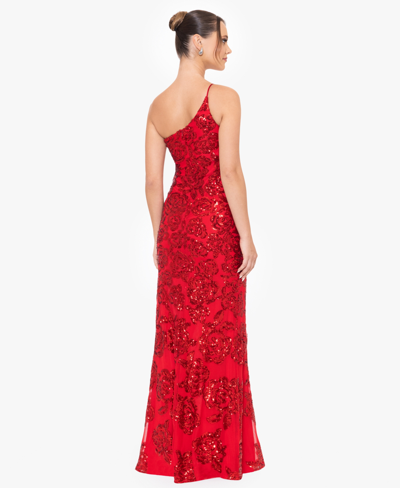 Shop Blondie Nites Juniors' Floral-sequined One-shoulder Gown In Red