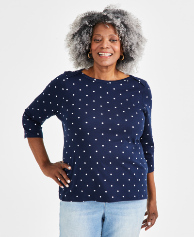 Shop Style & Co Plus Size Printed Pima Cotton 3/4-sleeve Top, Created For Macy's In Simple Dot Blue