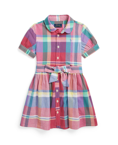 Shop Polo Ralph Lauren Toddler And Little Girls Cotton Madras Shirtdress In Red,pink Multi