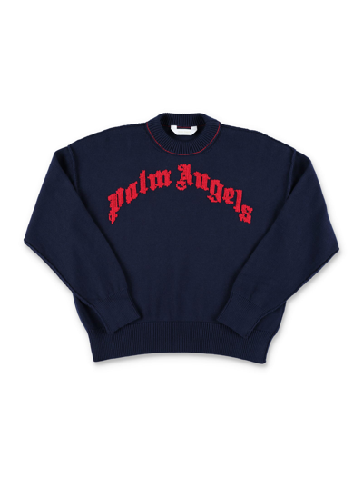 Shop Palm Angels Curved Logo Knit Sweater In Blue