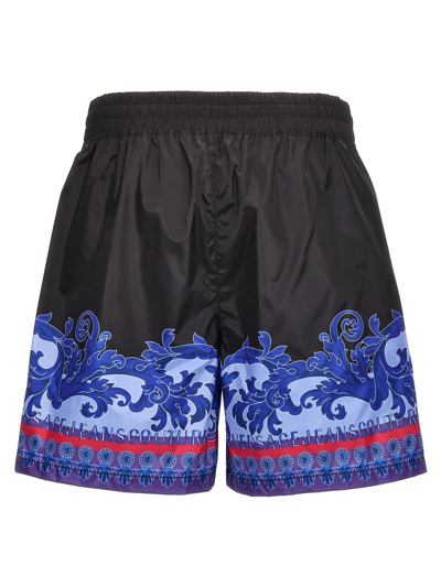 Shop Versace Jeans Couture Print Nylon Bermuda Shorts In Black