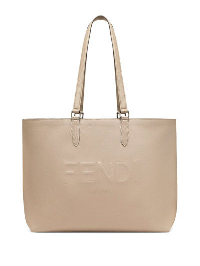Shop Fendi Shopper Bag In Beige Leather With Logo In Taupe