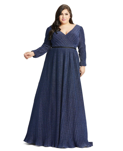 Shop Mac Duggal Women's Plus Size Midnight Shimmering V-neck Evening Gown In Sapphire