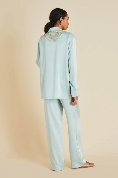 Shop Olivia Von Halle Yves Incantation Blue Embellished Sandwashed Silk Pyjamas