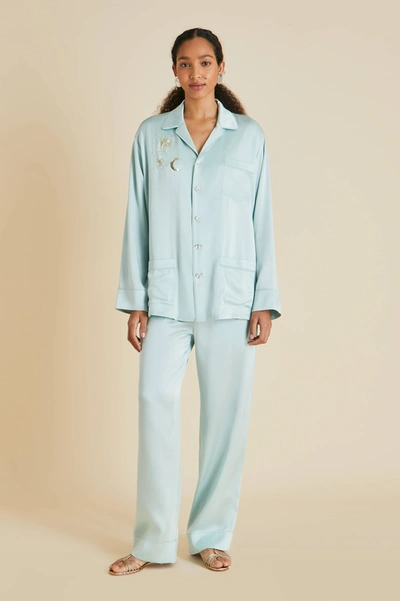 Shop Olivia Von Halle Yves Incantation Blue Embellished Sandwashed Silk Pyjamas