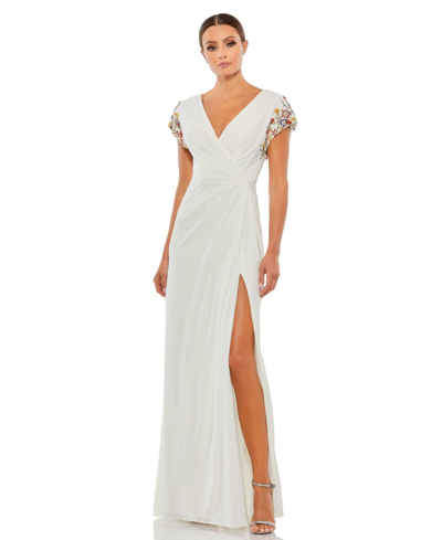 Shop Mac Duggal Women's Embellished Sleeve Jersey Wrap Gown In White Multi