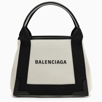 Shop Balenciaga | Navy Xs Beige/black Canvas And Leather Cabas Bag