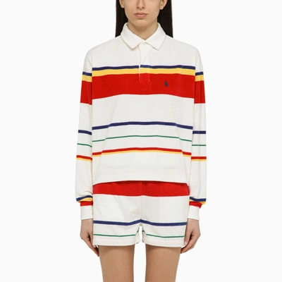 Shop Polo Ralph Lauren Multicoloured Striped White Terry Polo Shirt In Multicolor