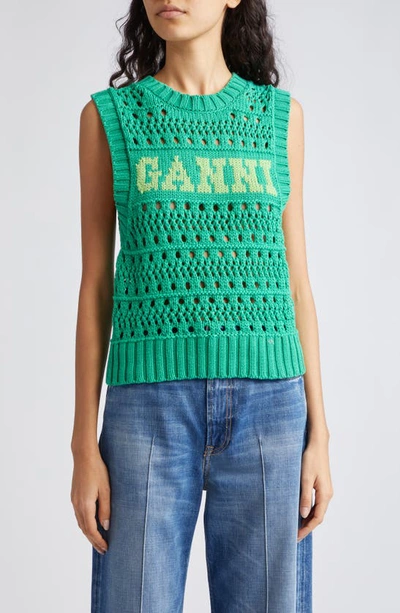Shop Ganni Open Stitch Sweater Vest In Juniper