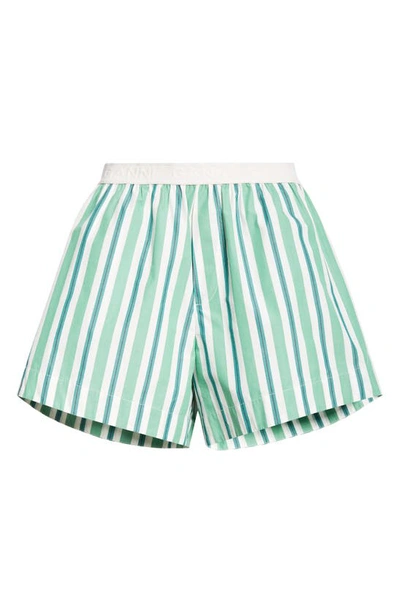 Shop Ganni Stripe Elastic Waist Organic Cotton Shorts In Creme De Menthe