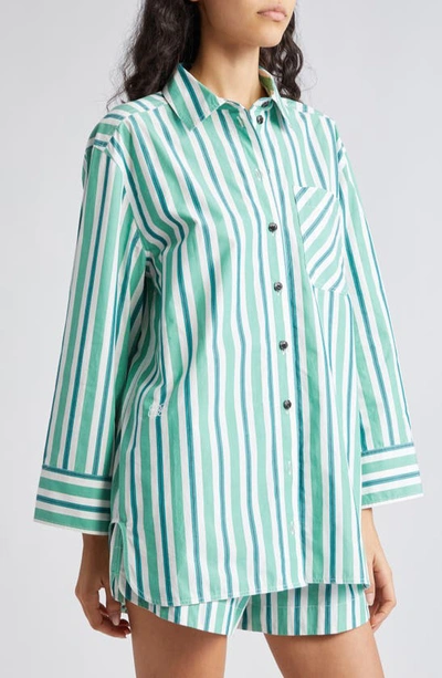Shop Ganni Stripe Organic Cotton Button-up Shirt In Creme De Menthe
