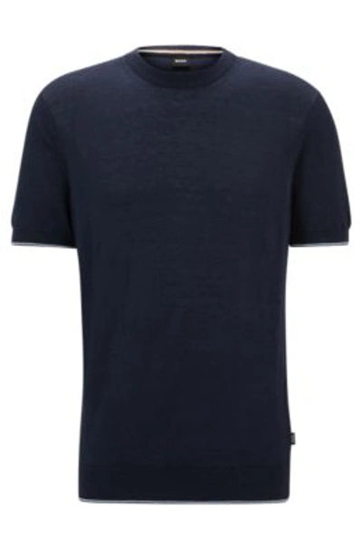 Shop Hugo Boss Linen-blend Regular-fit Sweater With Accent Tipping In Dark Blue