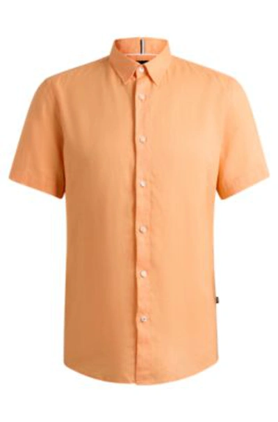 Shop Hugo Boss Slim-fit Shirt In Stretch-linen Chambray In Orange