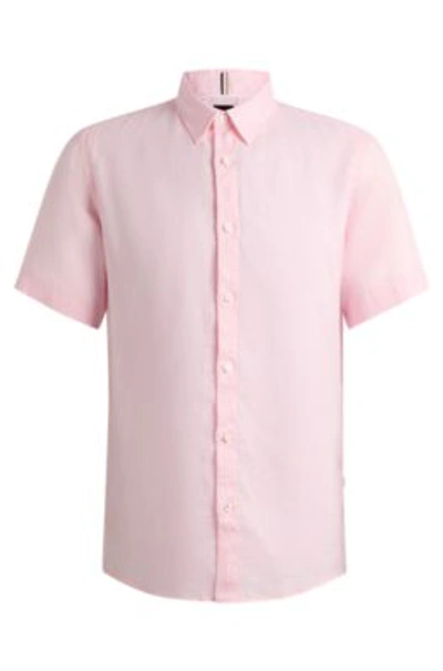 Shop Hugo Boss Slim-fit Shirt In Stretch-linen Chambray In Light Pink