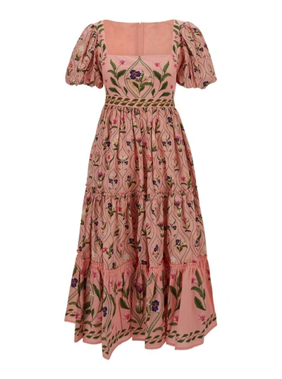 Shop Agua By Agua Bendita Long Pink 'alga Pacifico' Dress With Floral Print All-over  In Cotton Woman In Multicolor
