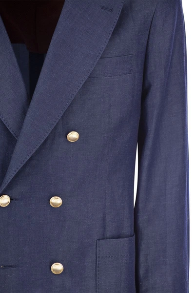 Shop Brunello Cucinelli Wool And Linenc Blend Double-breasted Jacket In Blue