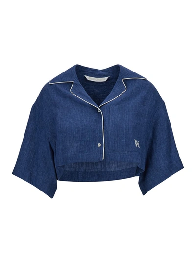 Shop Palm Angels Blue Cropped Shirt With Embroidered Logo In Linen Woman