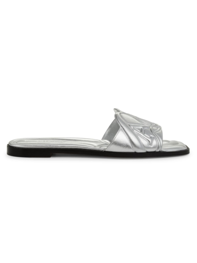 Shop Alexander Mcqueen Women's Seal Metallic Leather Slides In Silver