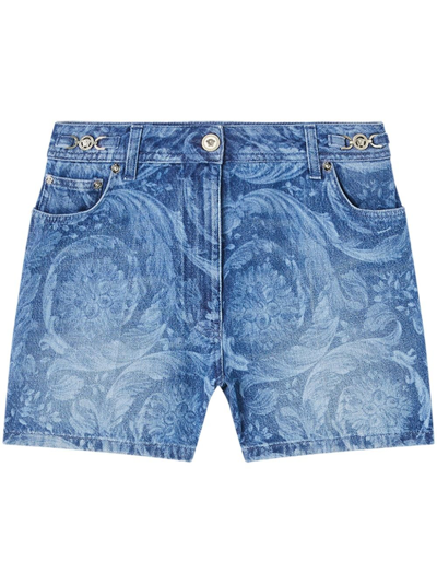 Shop Versace Blue Barocco Boyfriend Denim Shorts