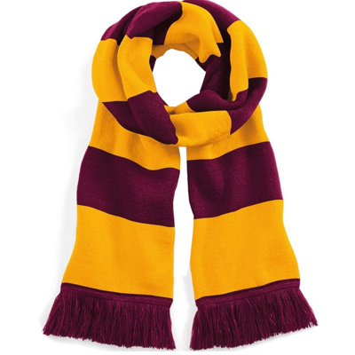 Shop Beechfield Varsity Unisex Winter Scarf (double Layer Knit) (burgundy/gold) In Purple