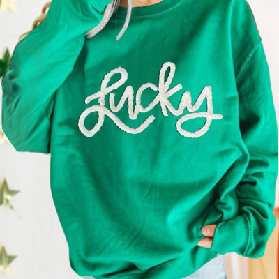 Shop Threaded Pear Demi Lucky Chenille Embroidered Pullover Sweatshirt In Green