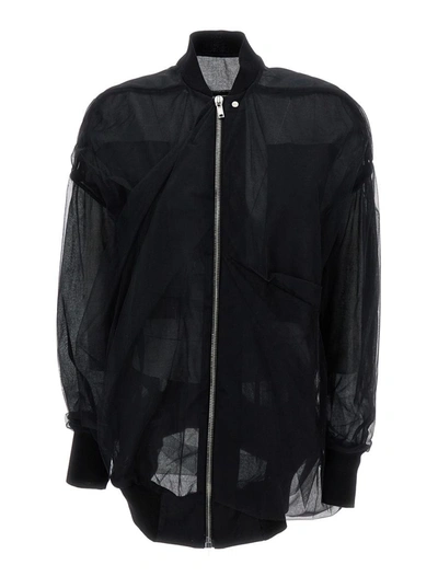 Shop Rick Owens Black Jacket With Tulle Design In Technical Fabric Woman
