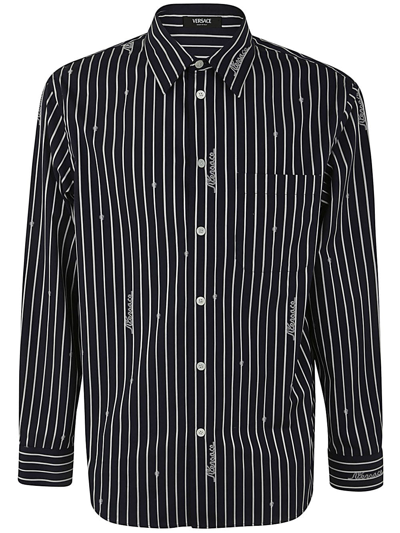 Shop Versace Informal Shirt Striped Poplin Fabric Nautical Stripe Customization In Navy Blue