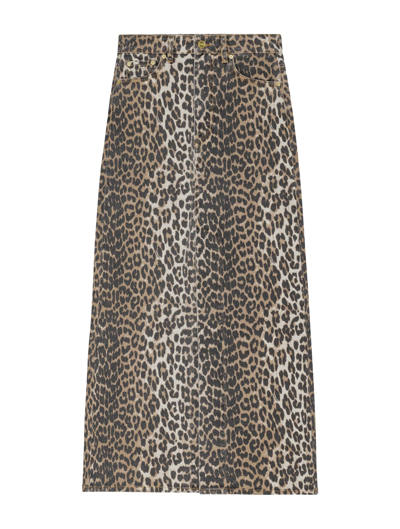 Shop Ganni Print Denim Maxi Slit Skirt In Leopard