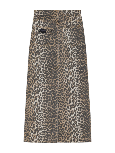 Shop Ganni Print Denim Maxi Slit Skirt In Leopard