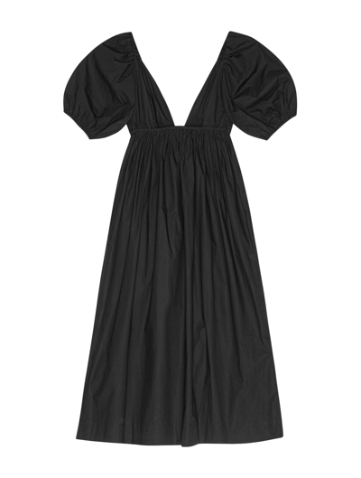 Shop Ganni Cotton Poplin Long Dress In Black