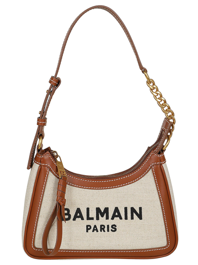 Shop Balmain B-army Shoulder Bag-canvas&logo In Gem Naturel Marron