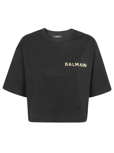 Shop Balmain Laminated Cropped T-shirt In Ead Noir Or
