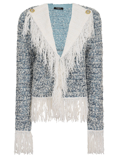 Shop Balmain Denim Fringed Tweed Jacket In Slj Bleu Pale Blanc