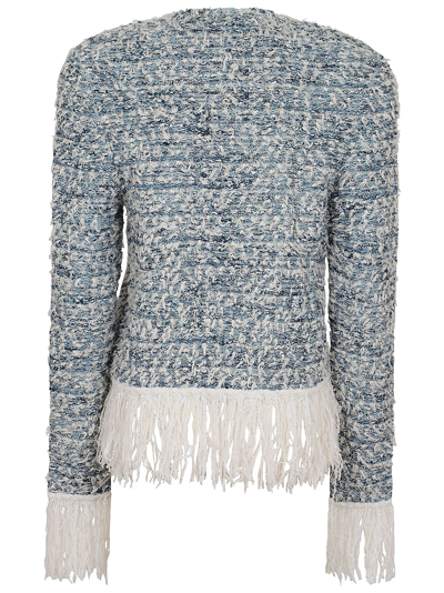 Shop Balmain Denim Fringed Tweed Jacket In Slj Bleu Pale Blanc