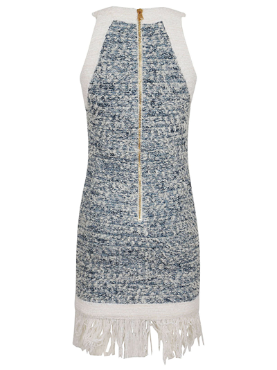 Shop Balmain Buttoned Denim Fringed Tweed Short Dress In Slj Bleu Pale Blanc