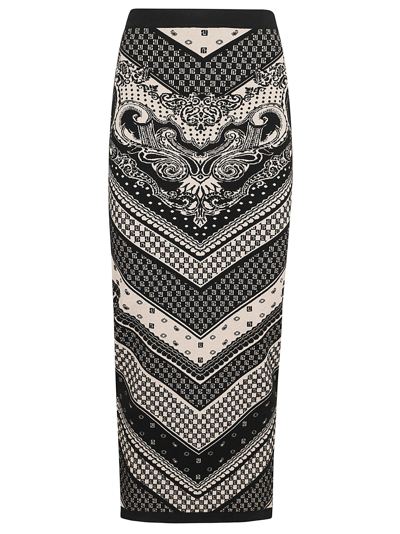 Shop Balmain Paisley & Monogram Knit Midi Skirt In Gfe Ivoire Noir