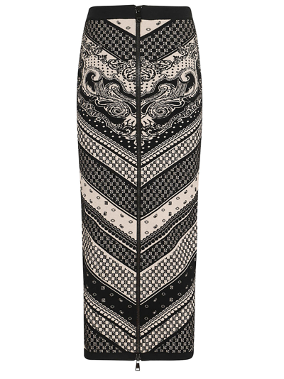 Shop Balmain Paisley & Monogram Knit Midi Skirt In Gfe Ivoire Noir