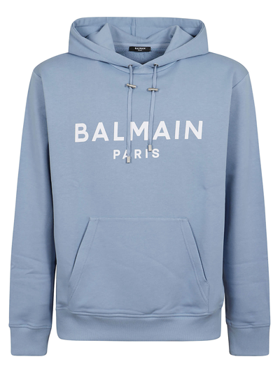 Shop Balmain Printed Hoodie In Slj Bleu Pale Blanc