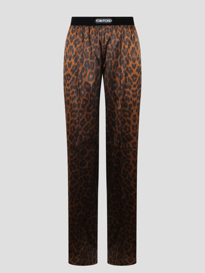 Shop Tom Ford Reflected Leopard Print Silk Satin Signature Pj Pants In Brown