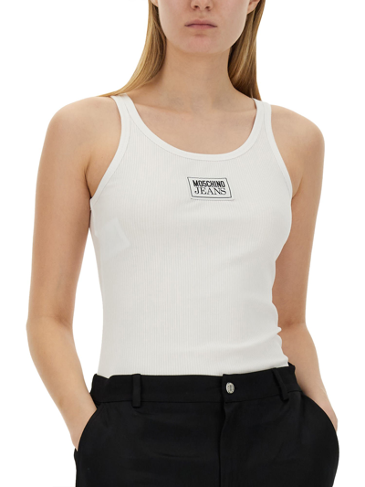 Shop M05ch1n0 Jeans Tops With Logo In Bianco