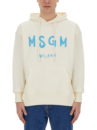 Shop Msgm Sweatshirt With Brushed Logo In Bianco