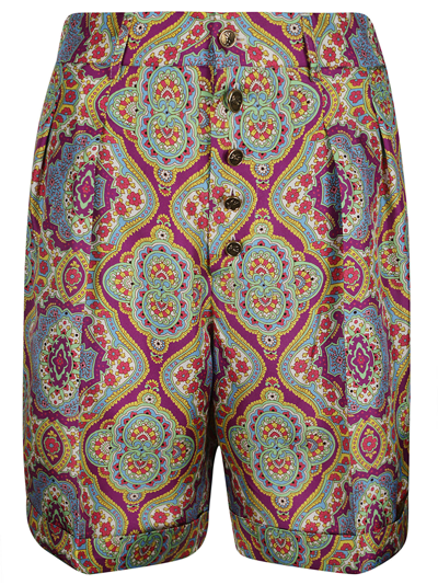 Etro Paisley Print Silk Shorts In Yellow/azure