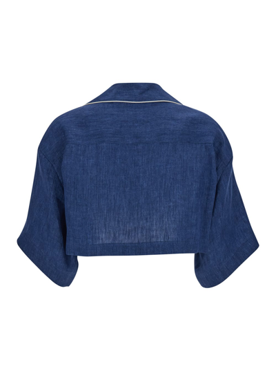 Shop Palm Angels Blue Cropped Shirt With Embroidered Logo In Linen Woman