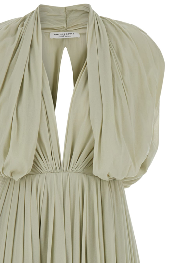 Shop Philosophy Di Lorenzo Serafini Sage Green Midi Dress With Draping In Technical Fabric Woman