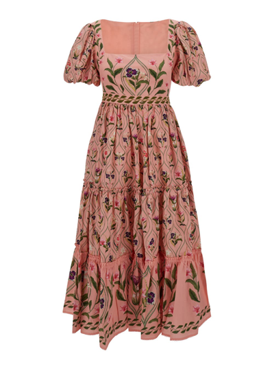 Shop Agua By Agua Bendita Long Pink Alga Pacifico Dress With Floral Print All-over In Cotton Woman In Multicolor