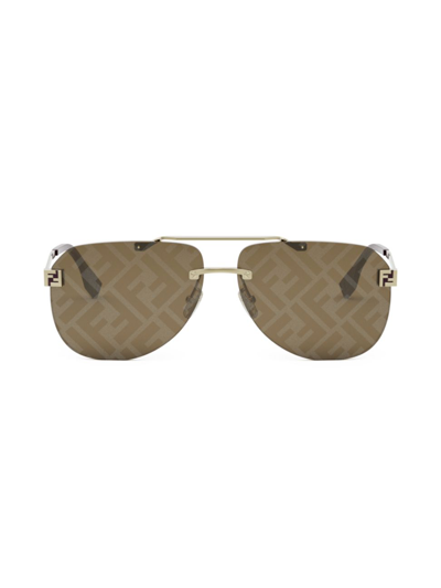 Shop Fendi Men's  Sky 61mm Pilot Sunglasses In Gold Brown Logo Mirror