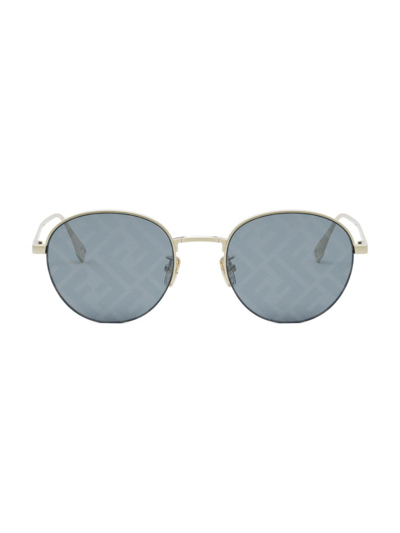Shop Fendi Men's  Travel 52mm Round Sunglasses In Gold Blue Logo Mirror